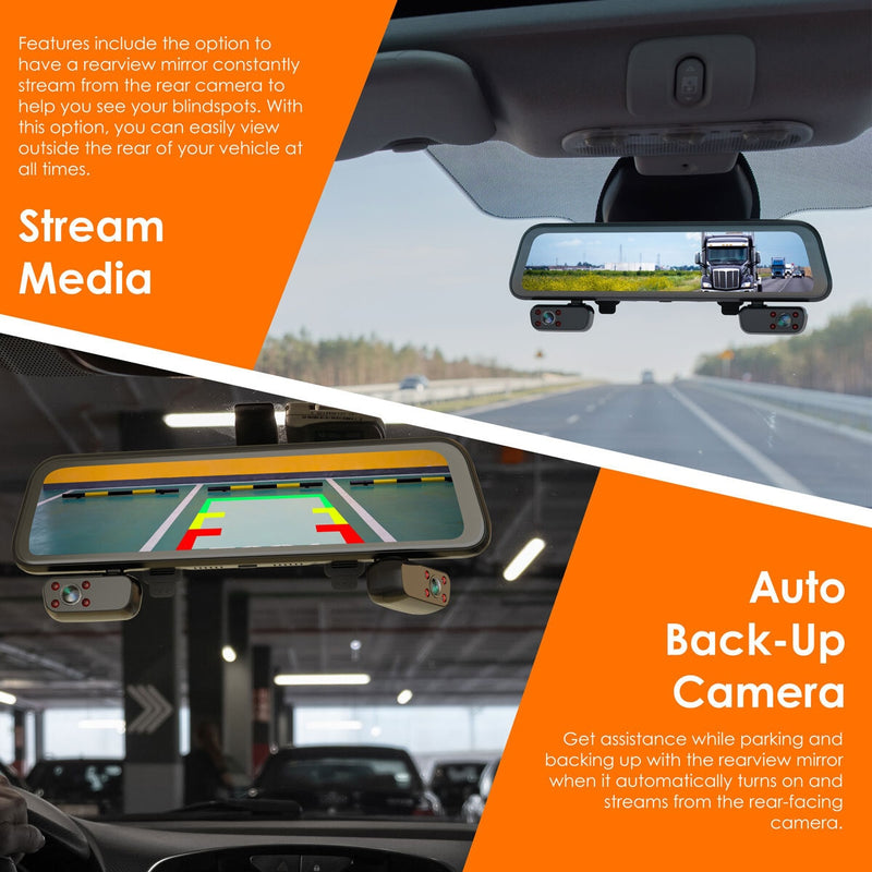 Rexing M4 4-channel mirror dash cam with 12-inch touch screen, imported from the UK