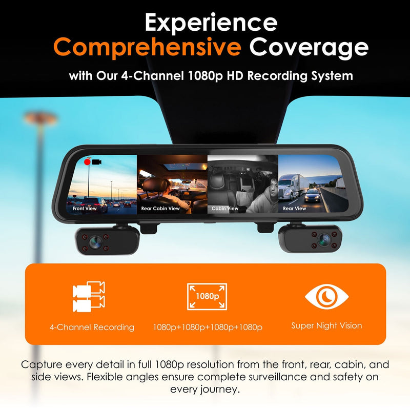 Rexing M4 4-channel mirror dash cam with 12-inch touch screen, imported from the UK