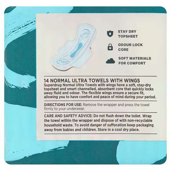 Superdrug Normal Ultra Towel Wings 14 Pack (British brand)