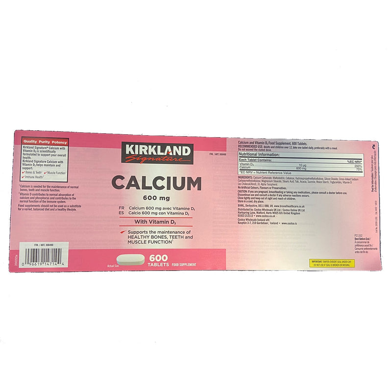 Kirkland Signature calcium and vitamin D3 supplement tablets 600 count, UK version