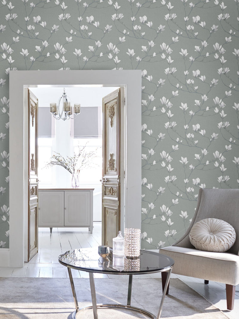 Laura Ashley Slate Magnolia Grove wallpaper sample A4, UK version