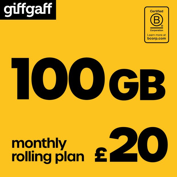 giffgaff pay as you go SIM card 100GB (British brand)