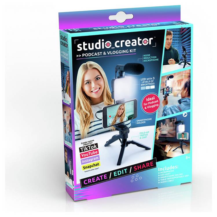 Kids vlogging kit with LED light and microphone, British brand