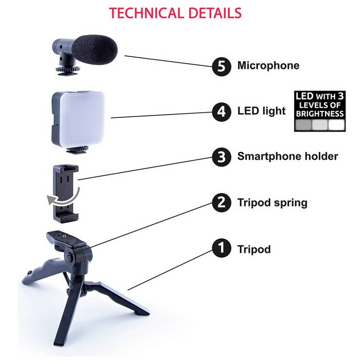 Kids vlogging kit with LED light and microphone, British brand