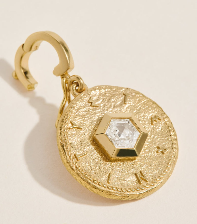 Azlee small yellow gold eternity coin charm with hexagon diamond (British brand)