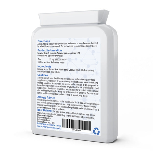 Pharmanostix Zinc 15mg 120 capsules, imported from the UK
