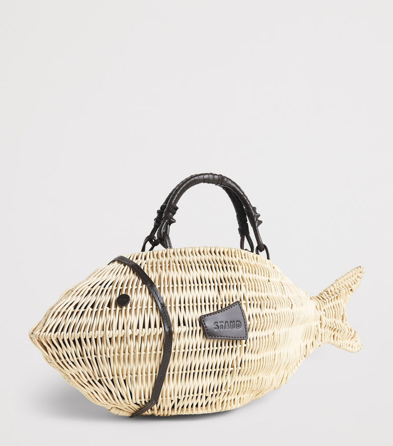STAUD wicker Cleo fish handbag, imported from the UK