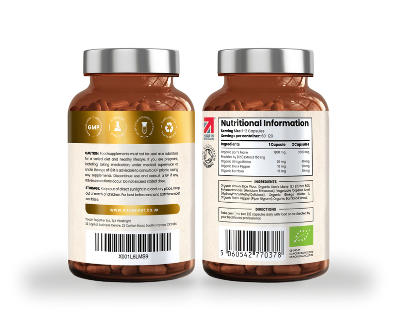 VitaBright mushroom complex with Ginkgo Biloba 120 capsules, imported from the UK