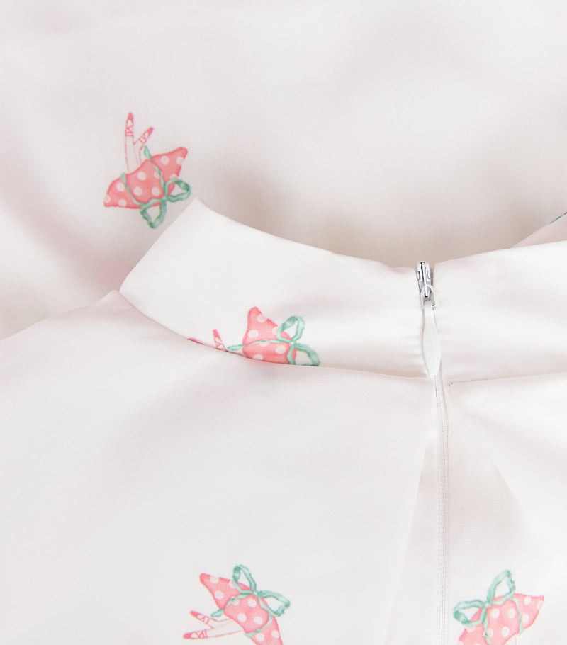 Mama Luma satin tie-neck blouse with mushroom-capped ballet dancers print for girls 3-12 years, imported from the UK