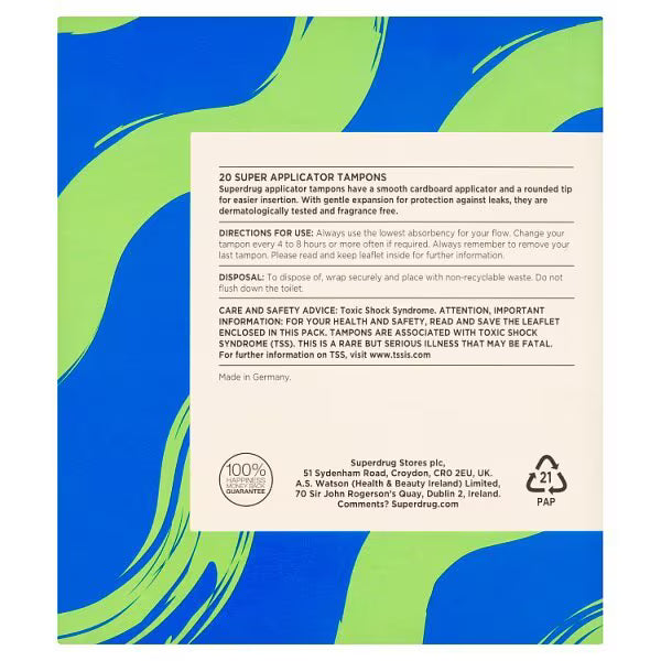 Superdrug Super Applicator Tampons 20 Pack (British brand)