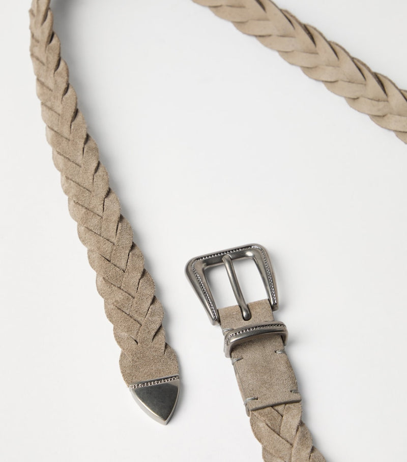 Brunello Cucinelli leather braided belt silver-tone buckle, UK version