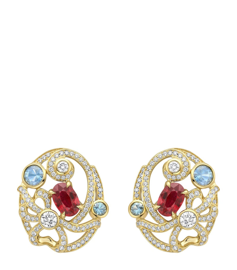 Boodles Presence Chamber earrings with rubies and sapphires, UK version