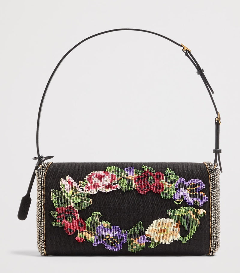 Valentino Garavani small linen embellished DeVain shoulder bag, imported from the UK
