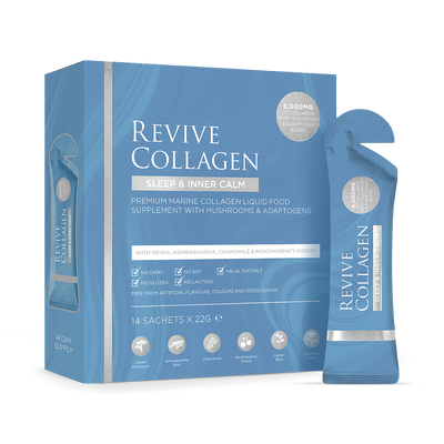 Holland & Barrett Revive Sleep & Inner Calm Mushroom Adaptogen Blend with Marine Collagen 14 x 22g Sachets- Buy online at McGrocer