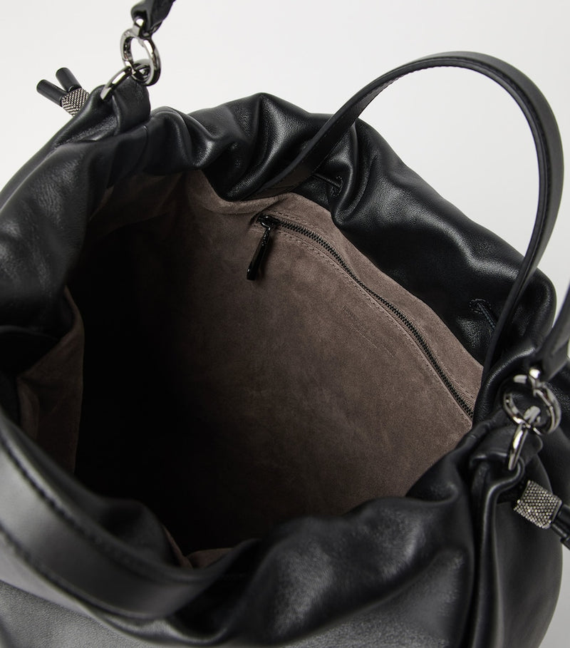 Brunello Cucinelli large leather Mellow bucket bag, imported from the UK