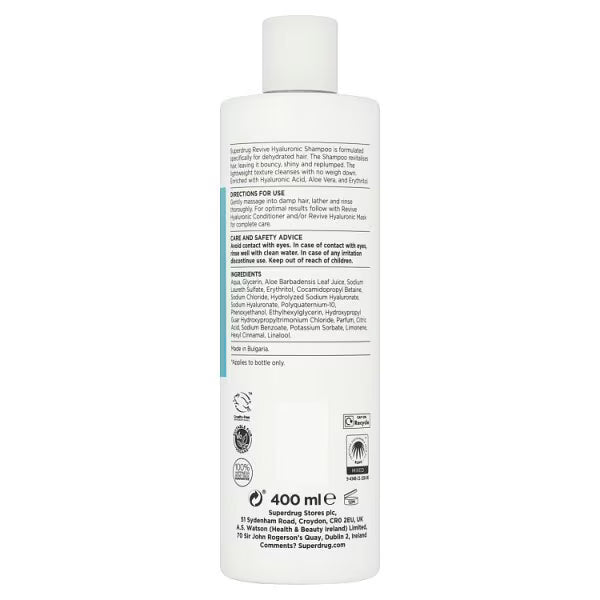 Superdrug Hyaluronic Shampoo For Dehydrated Hair 400ml (British brand)