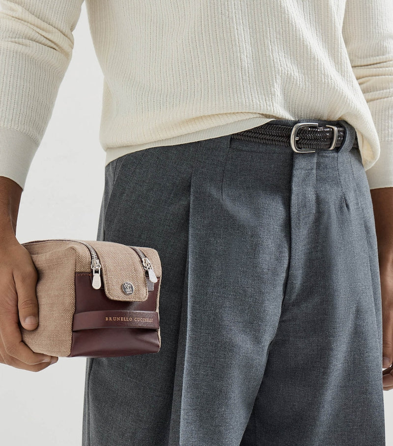 Brunello Cucinelli cotton-linen wash bag with leather trims (British brand)