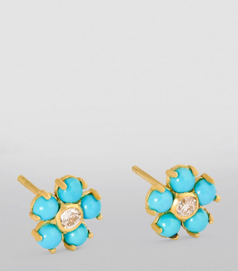 Jennifer Meyer flower stud earrings yellow gold diamond turquoise 5mm - British product