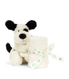 Jellycat Bashful Black and Cream plush puppy with blanket, 34cm, UK version