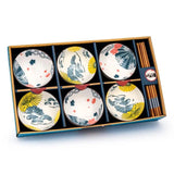 Flower pattern ceramic rice bowl and chopstick set, 6 bowls, UK version