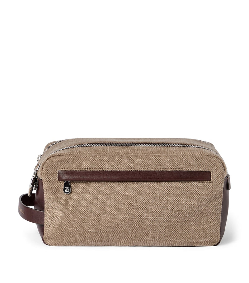 Brunello Cucinelli cotton-linen wash bag with leather trims (British brand)