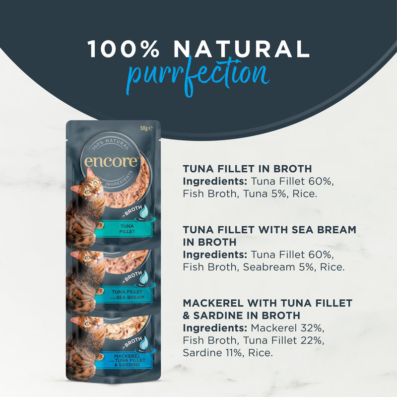 Encore cat food pouches fish selection in broth 5x50g, imported from the UK