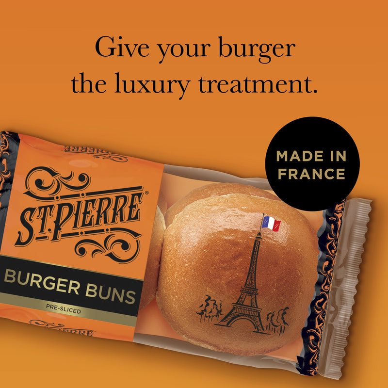 St Pierre burger buns pre-sliced pack of 4, imported from the UK