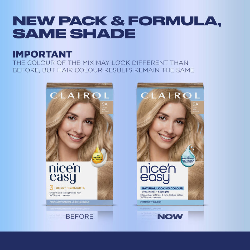 Clairol Nice'N Easy light ash blonde 9A permanent hair dye, imported from the UK