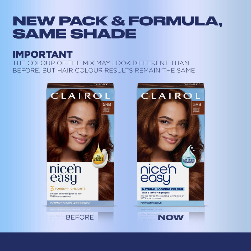 Clairol Nice'N Easy Medium Reddish Brown 5RB hair dye, imported from the UK