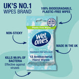 Wet Ones antibacterial wipes fragrance free with aloe x12 (British brand)