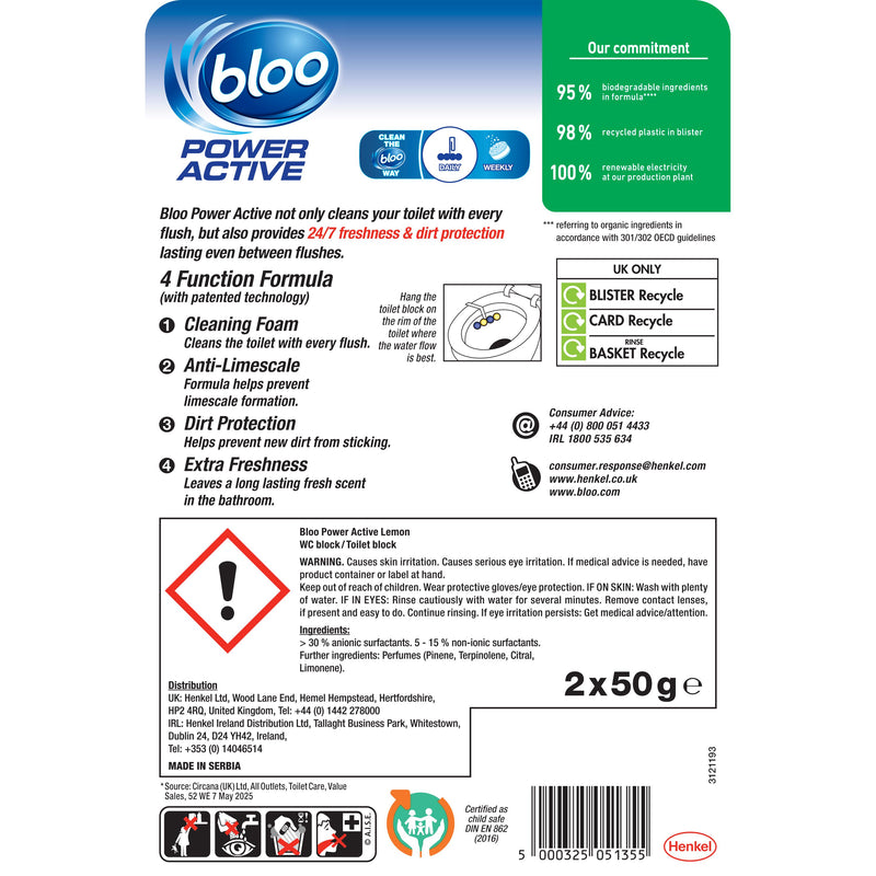 Bloo Power Active lemon toilet rim blocks 2x50g, imported from the UK