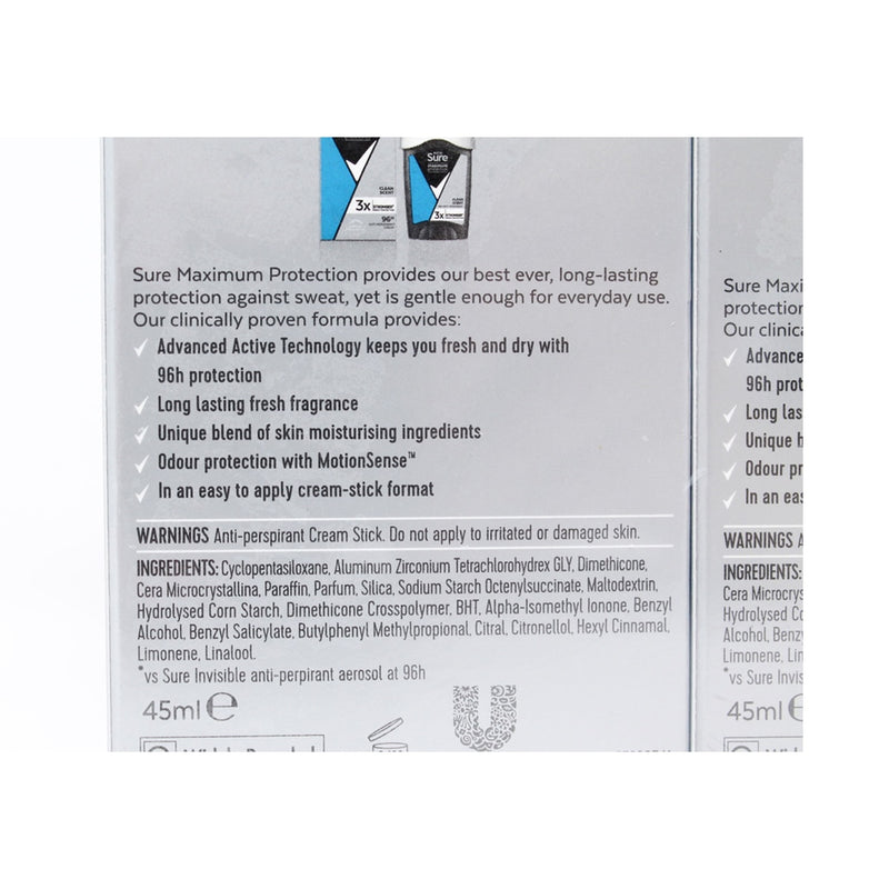 Sure Men Maximum Protection Anti-Perspirant Cream Deodorant 2 x 45ml (British brand)