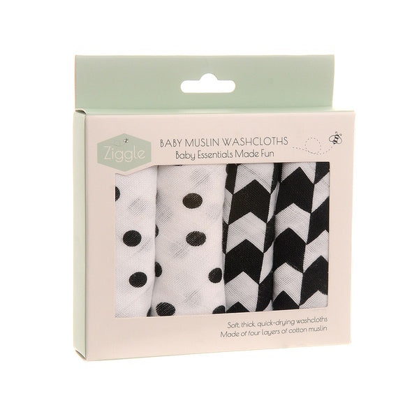 Ziggle baby cotton muslin washcloths black and white sensory 25cm (British brand)