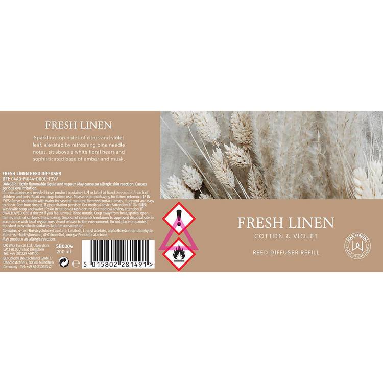 Wax Lyrical Fresh Linen diffuser refill 200ml, imported from the UK
