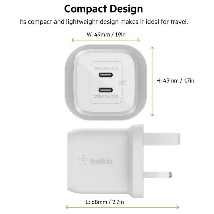 Belkin 45W dual USB-C GaN wall charger in white (British brand)