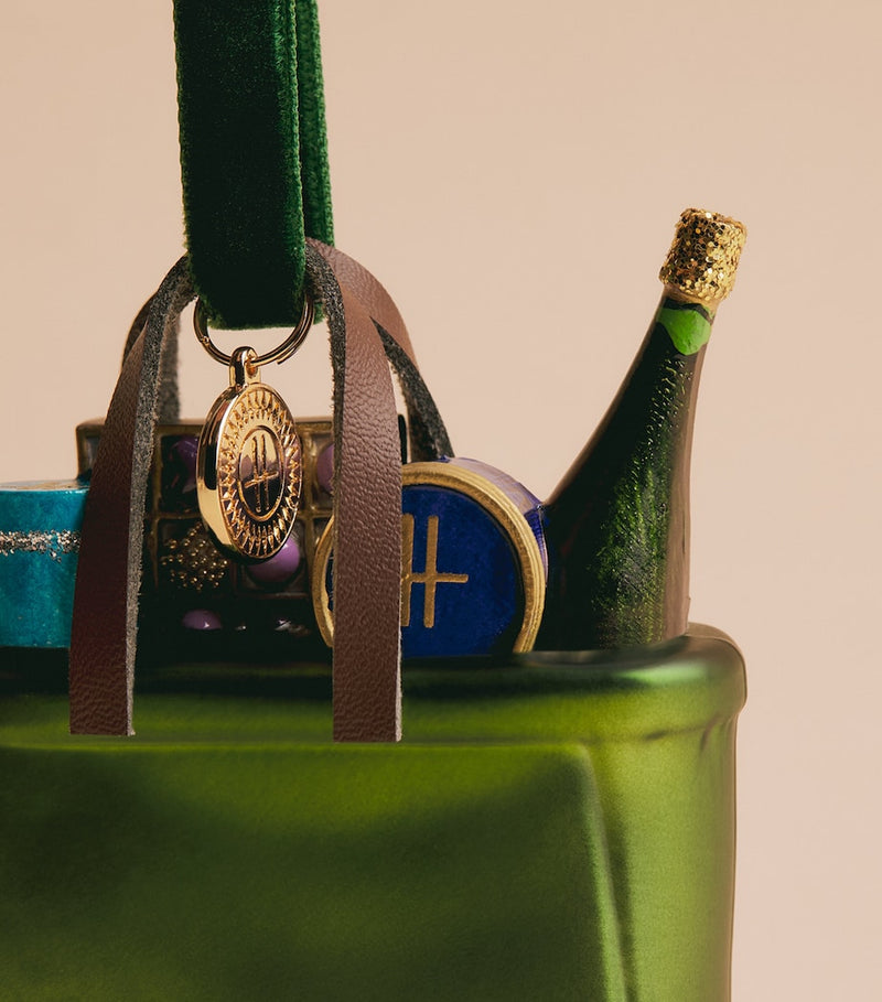 Harrods shopper tree decoration in green and gold - British product