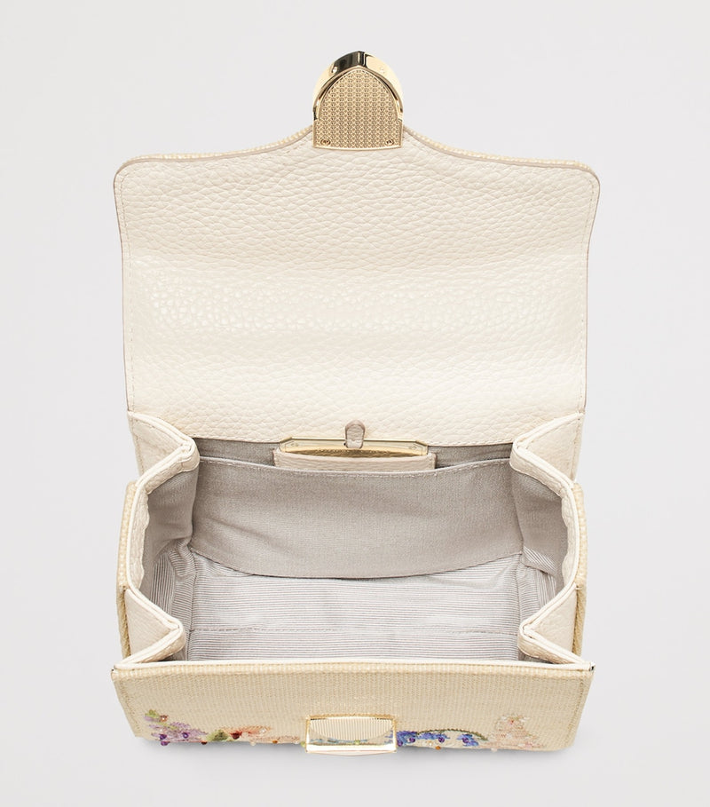 Aspinal Of London mini raffia floral embroidery Mayfair bag, imported from the UK