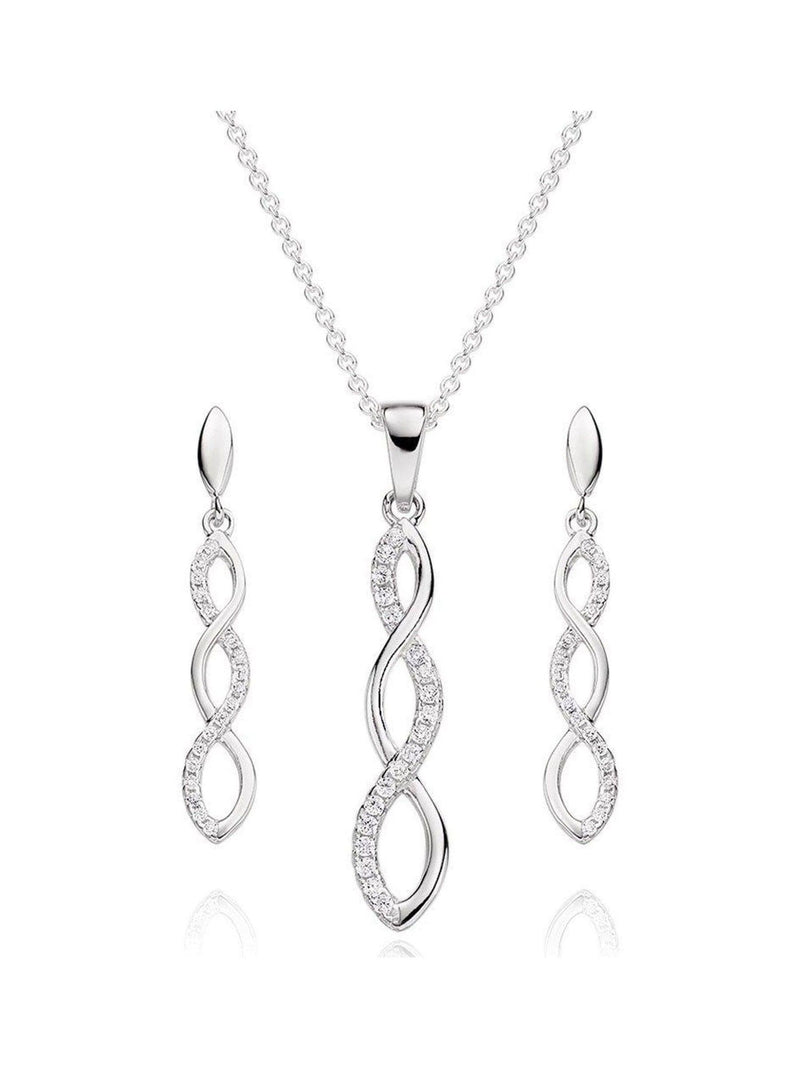 Infinity cubic zirconia pendant and earrings set in sterling silver (British brand)