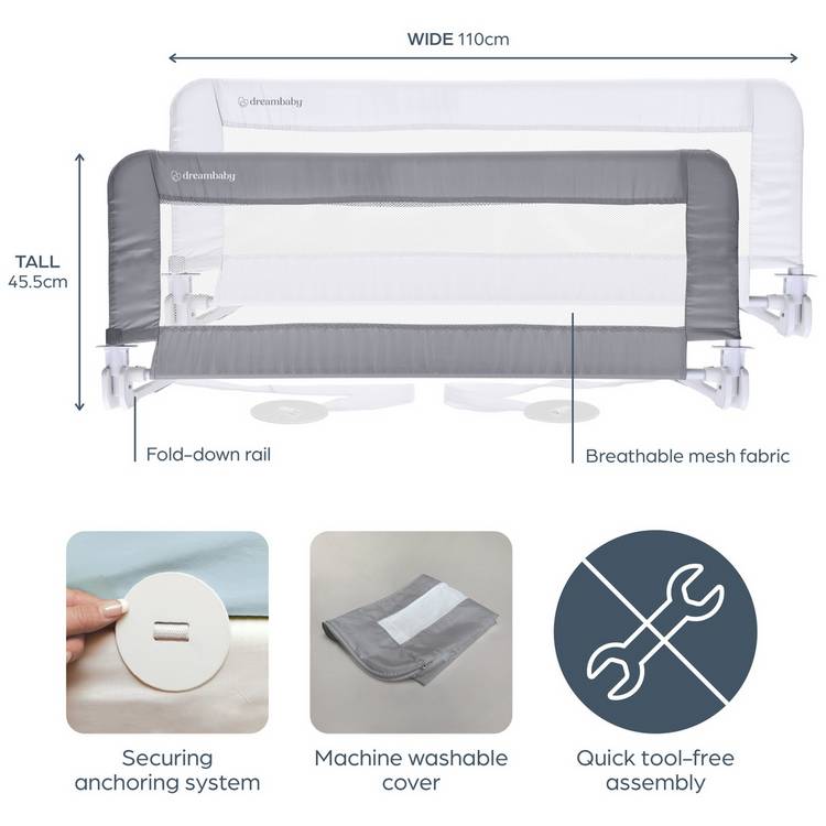 Dreambaby Prague bed rail in grey for toddler beds - British product