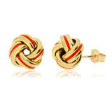 Yellow gold love knot earrings with coral enamel, UK version