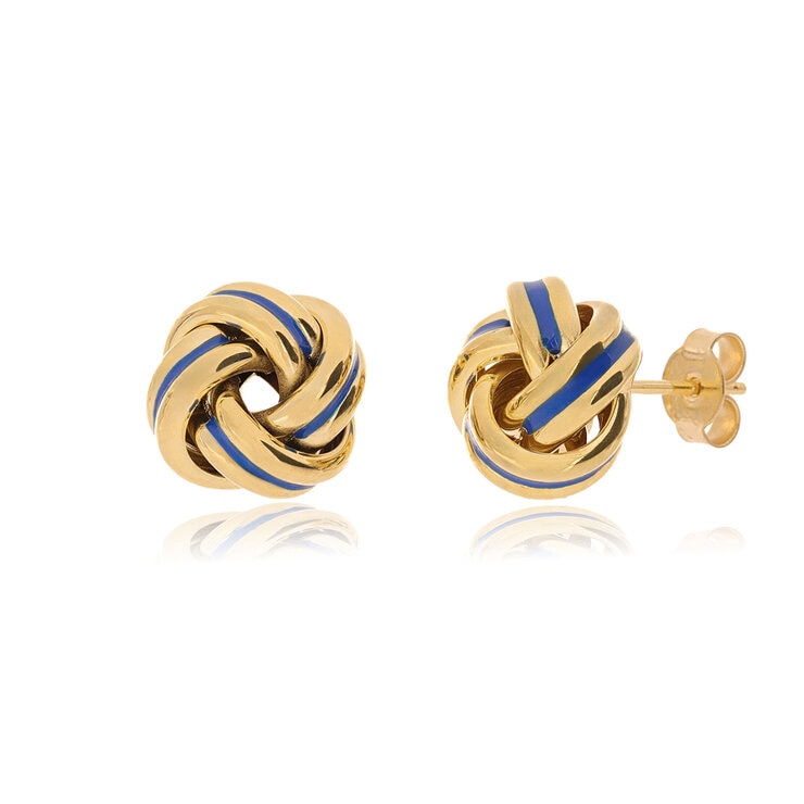 Gold love knot earrings with navy enamel, UK version