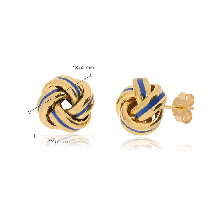 Gold love knot earrings with navy enamel, UK version