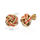 Yellow gold love knot earrings with coral enamel, UK version