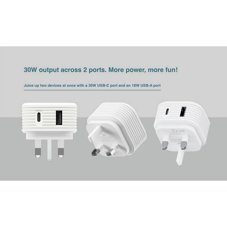 Juice 30W dual-port USB-A USB-C charger white (British brand)