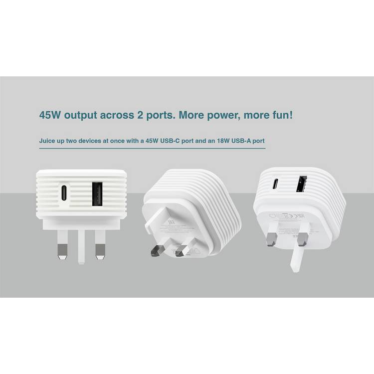 Juice 45W dual port mains charger white, UK version