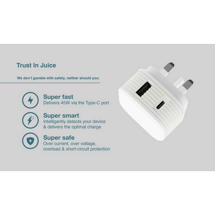 Juice 45W dual port mains charger white, UK version