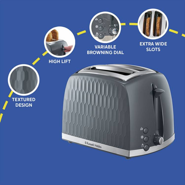 Russell Hobbs Honeycomb 2 slice plastic toaster grey - British product