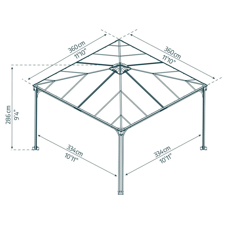 Palram Canopia hardtop aluminium and polycarbonate gazebo 3.6 x 3.6m, imported from the UK