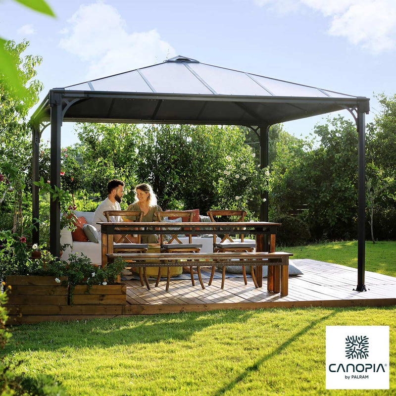 Palram Canopia hardtop aluminium and polycarbonate gazebo 3.6 x 3.6m, imported from the UK