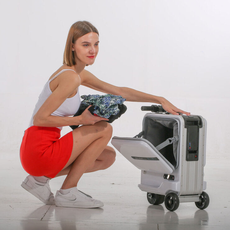 Airwheel electric ride-on suitcase in black or silver, imported from the UK
